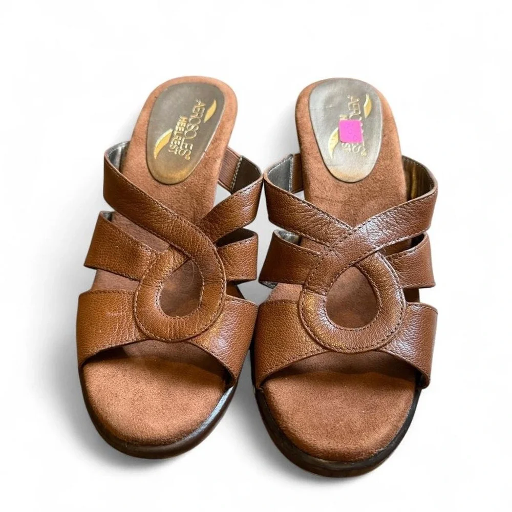 Aerosoles Heelrest Turtle Dove Brown Leather Strappy Block Heel Sandals 7M